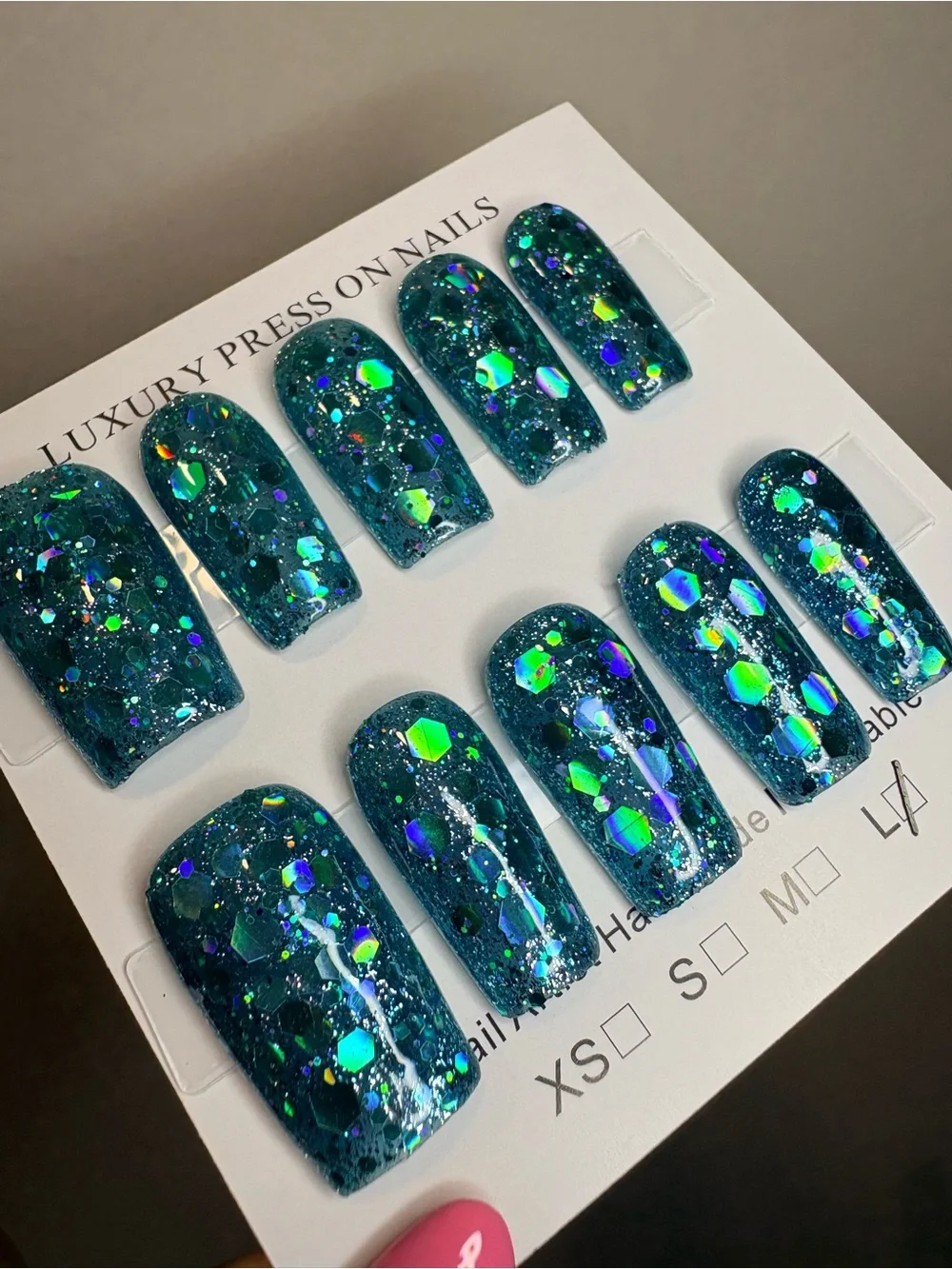 Teal Holographic Glitter Press-On Nails